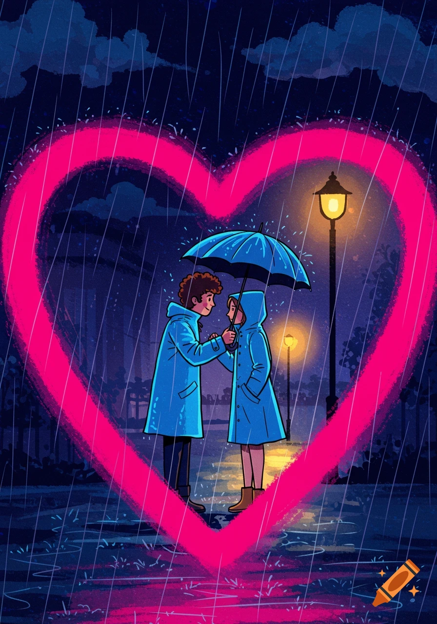Stylized illustration of two people sharing an umbrella in the rain, framed by a glowing pink heart.