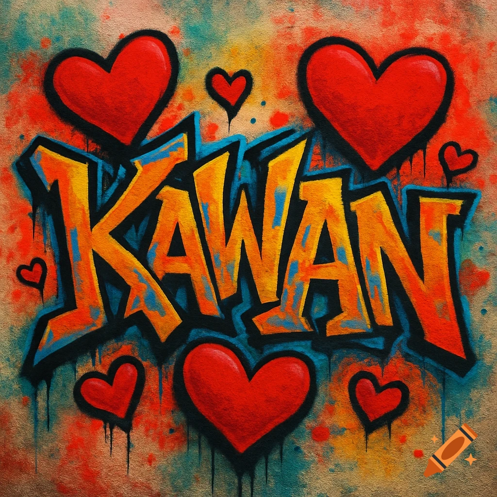 Graffiti art spelling 'KAWAN' in yellow and orange with blue outline, surrounded by red hearts.