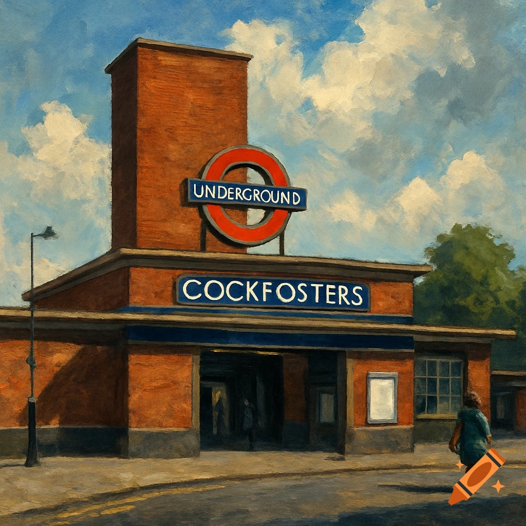 Painting of the Cockfosters London Underground station building.