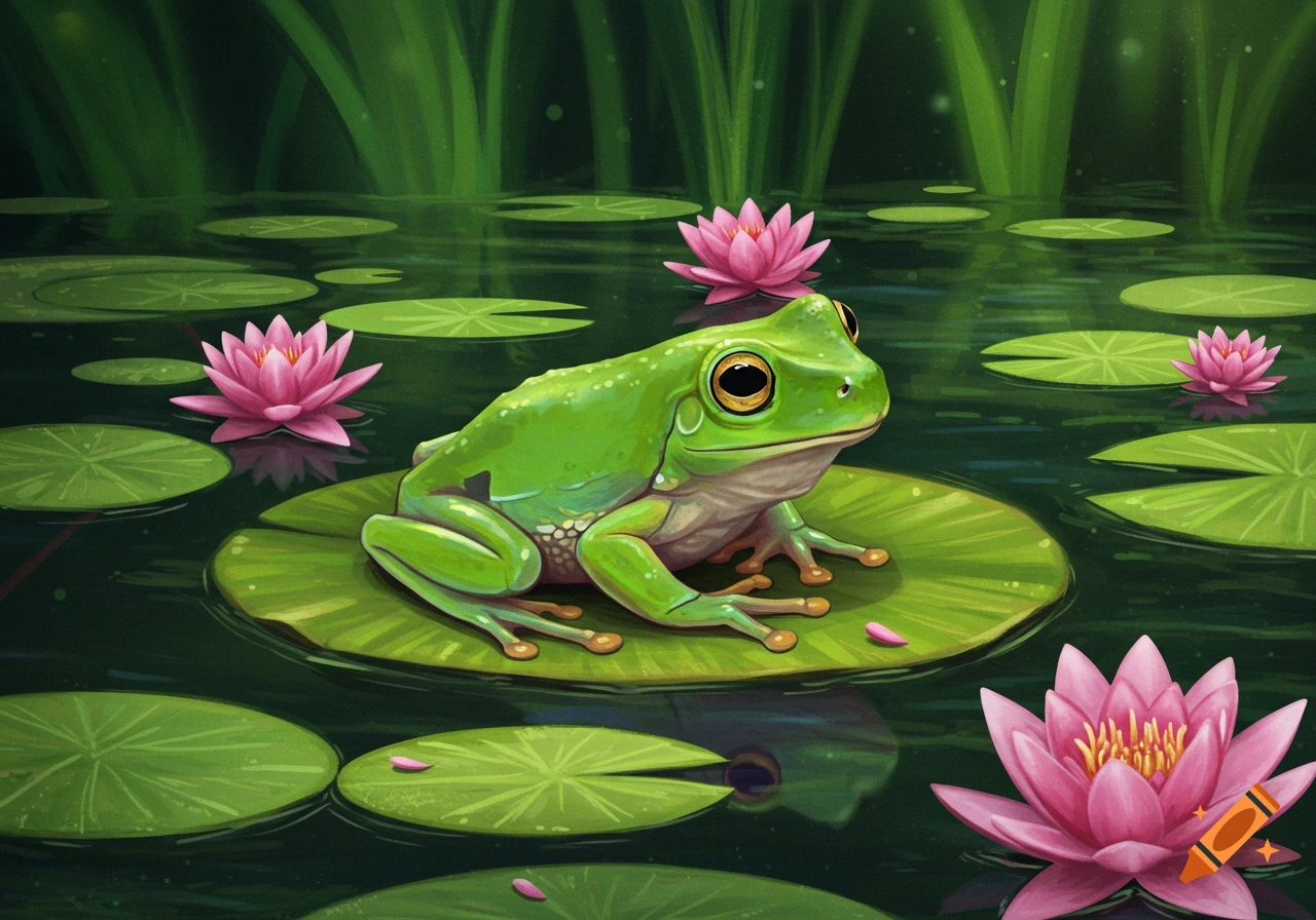 A green frog sits on a lily pad in a pond with pink water lilies, illustration