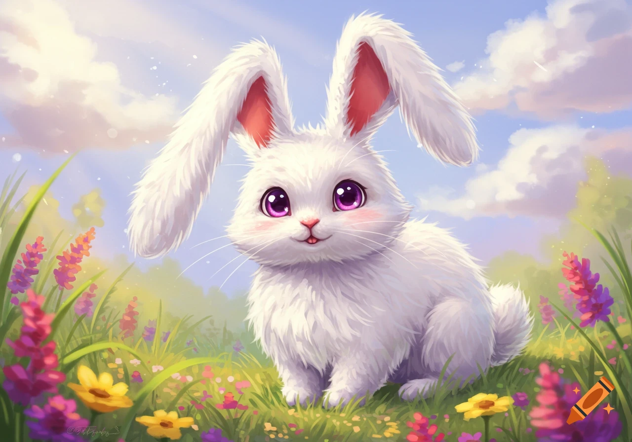 A cute fluffy white bunny sits in a field of colorful flowers.
