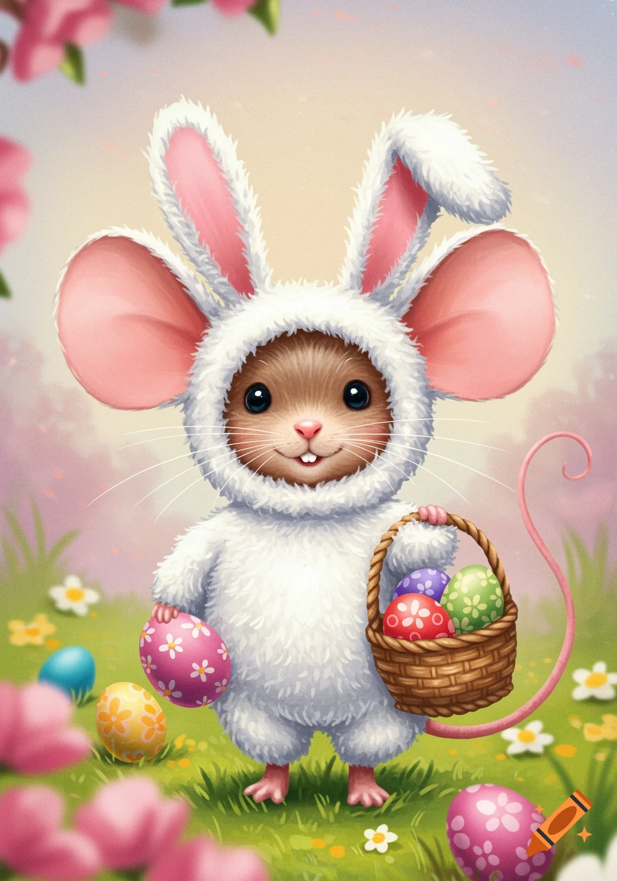 Cute mouse in Easter bunny costume holds Easter eggs in a basket.