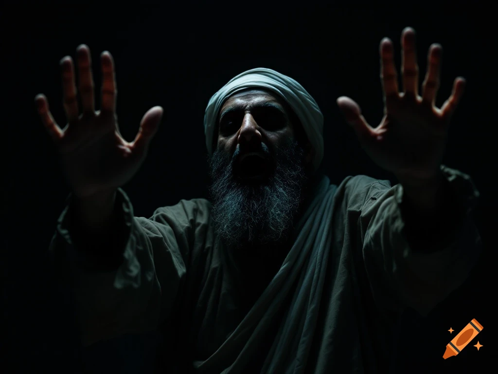 A man with a beard and turban raises his hands in the dark.
