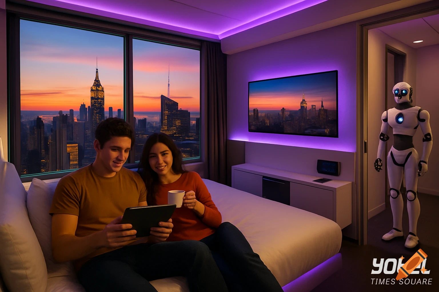 Couple and robot in a modern hotel room with a city view at sunset, Yotel Times Square branding.