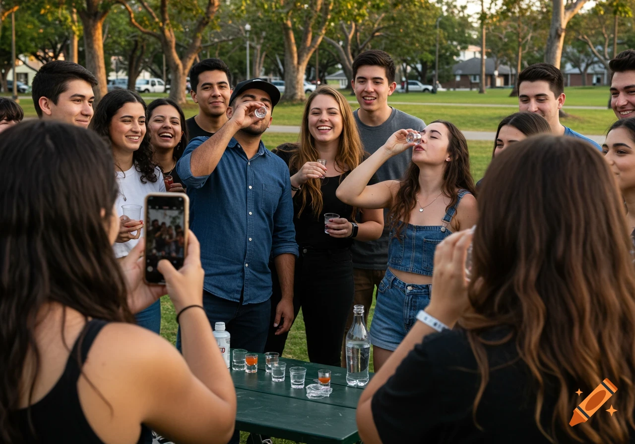 Group of young people taking shots outdoors, one person recording on a phone.
