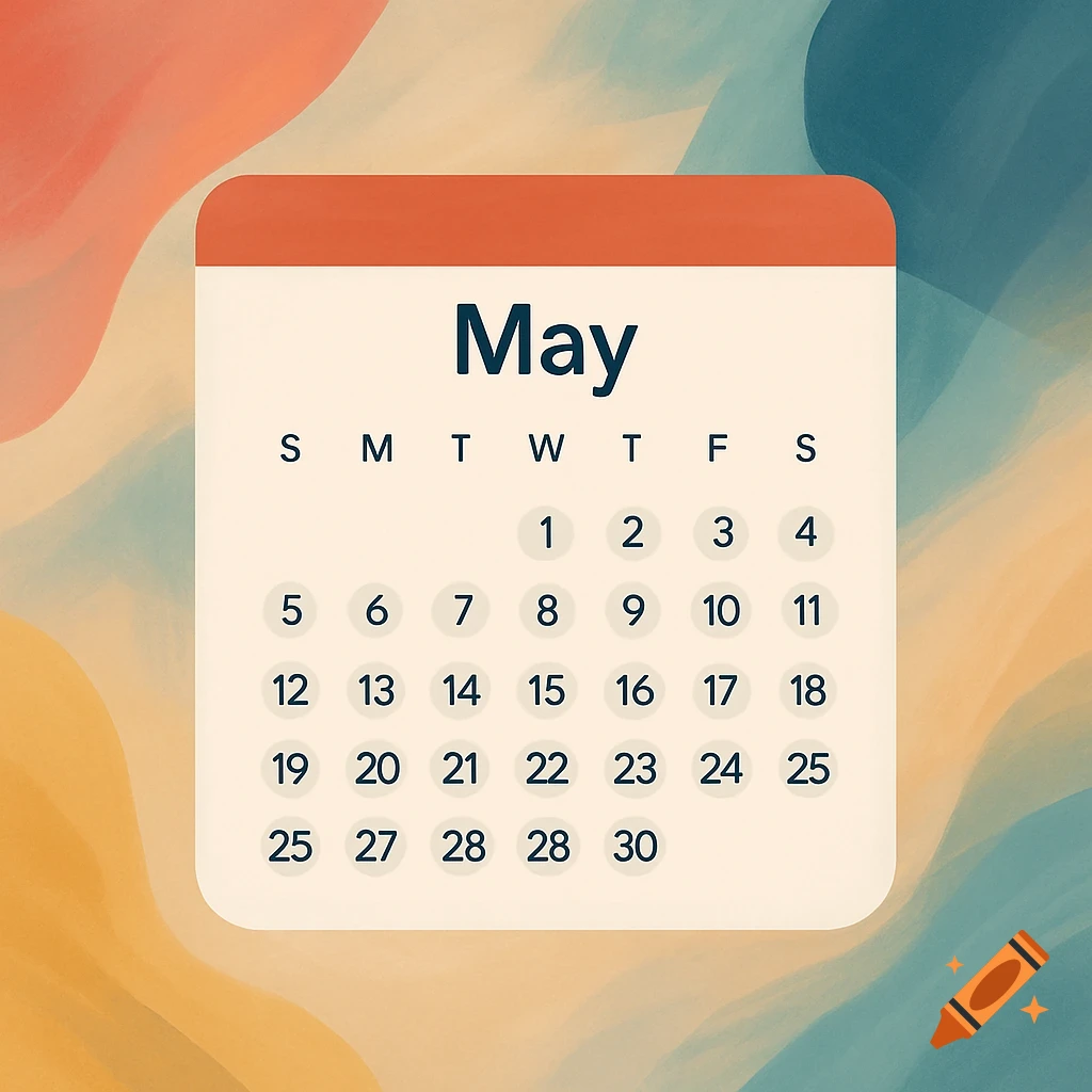 May calendar page with dates on an abstract watercolor background.