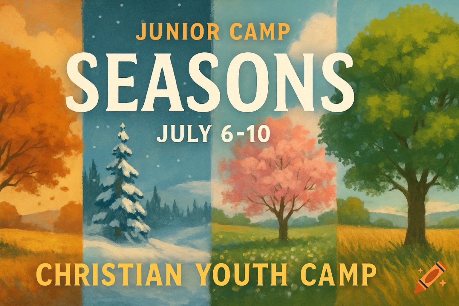 Banner showing four panels representing autumn, winter, spring, and summer, with text about a junior Christian youth camp.