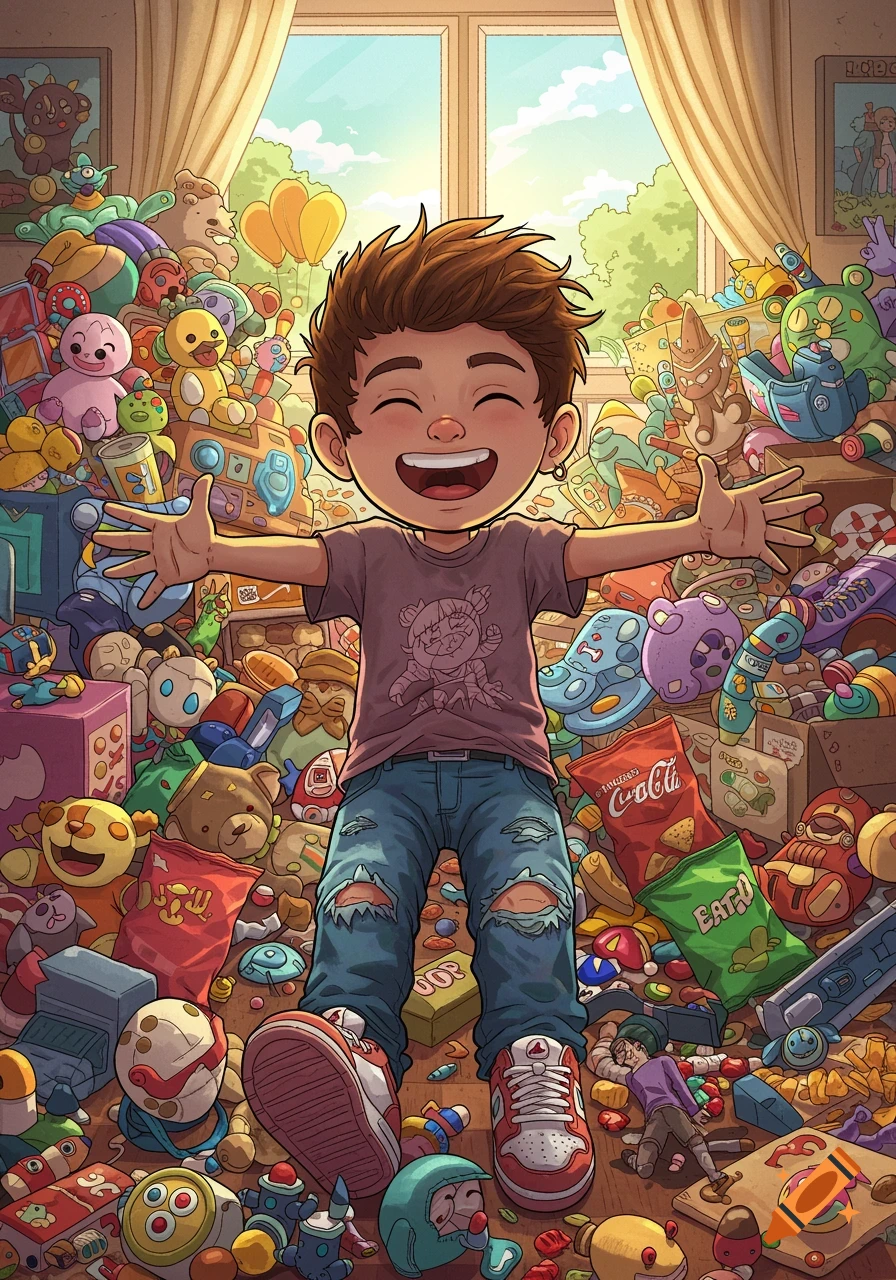 Cartoon boy with arms outstretched surrounded by a giant pile of toys and snacks in a room.