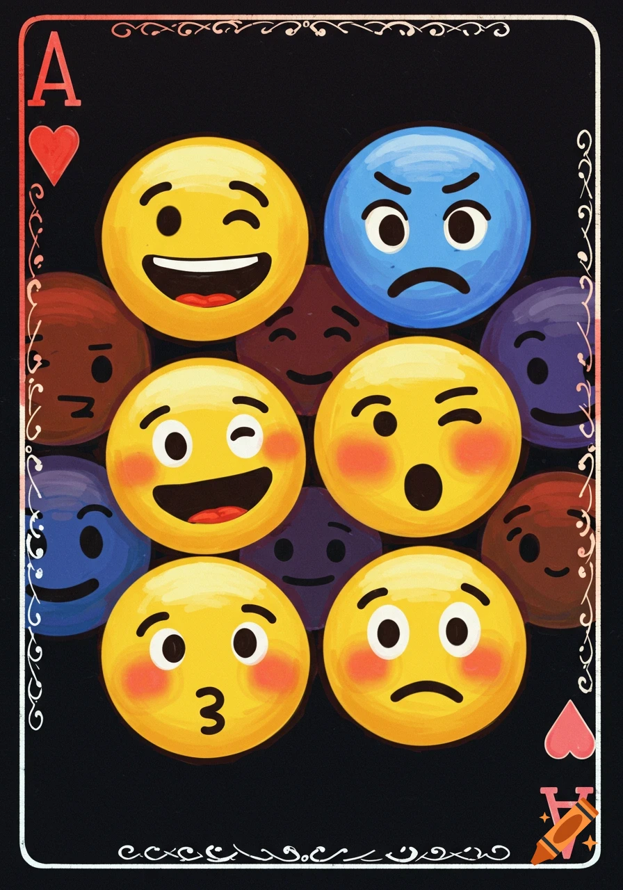 Ace of Hearts playing card covered in expressive emojis on a black background.