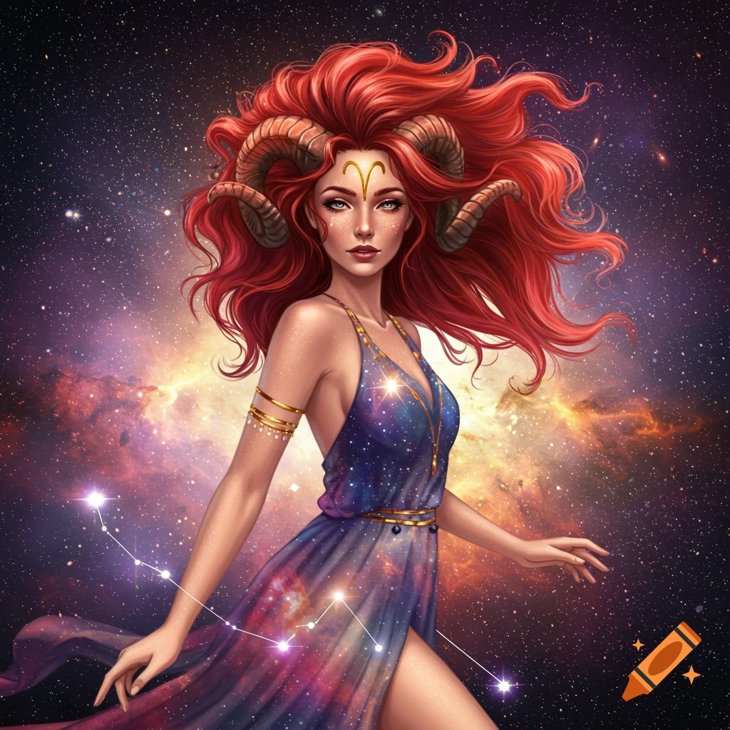 Fantasy woman with ram horns and red hair, wearing a star-patterned dress in space with constellations.