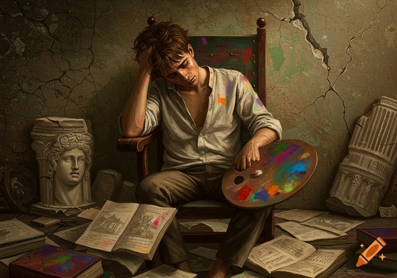 Artist with palette sits amidst books and classical ruins in a moody, painterly style.