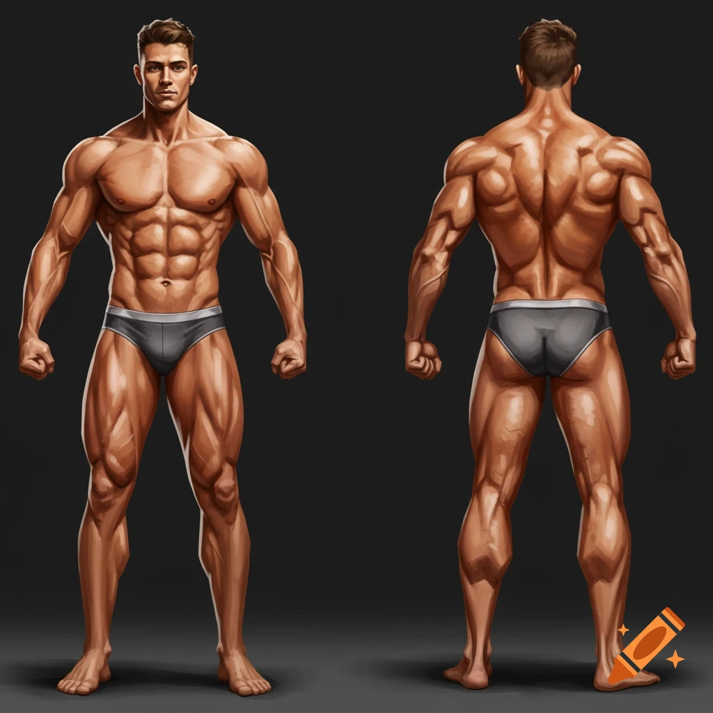 Illustration of a muscular man in gray briefs, shown from the front and back views.