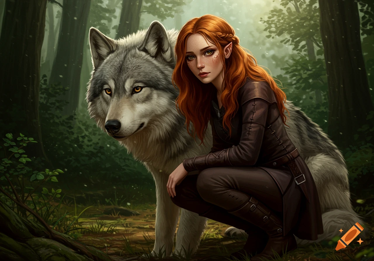 A woman with red hair and pointed ears kneels next to a grey wolf in a forest.