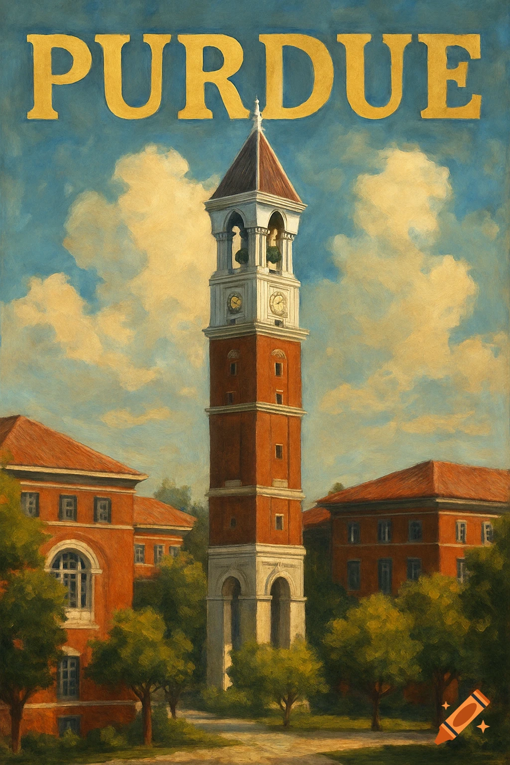 Painterly image of Purdue University bell tower and campus buildings with text 'PURDUE'