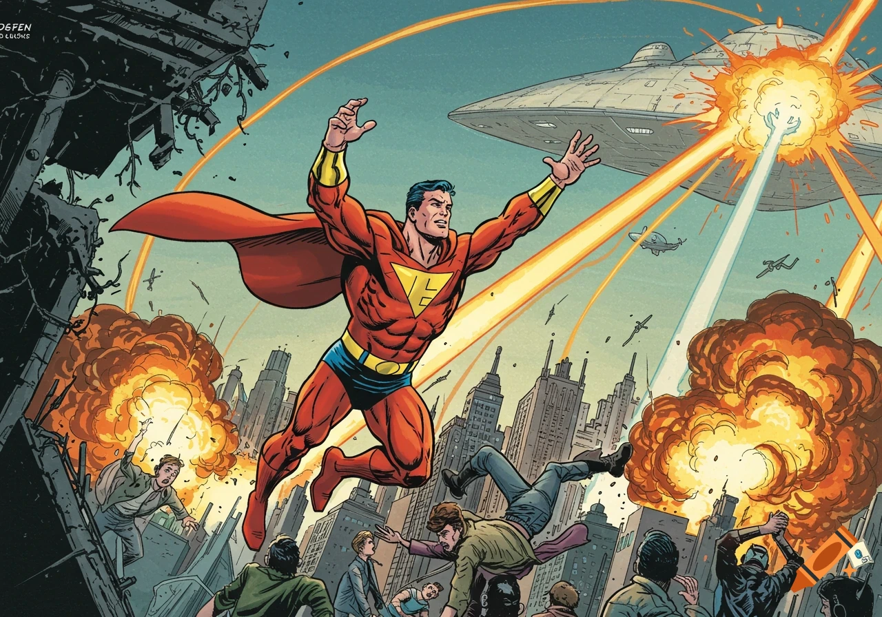 A superhero in a red and yellow costume flies over a city under attack by a UFO, in a comic book style.