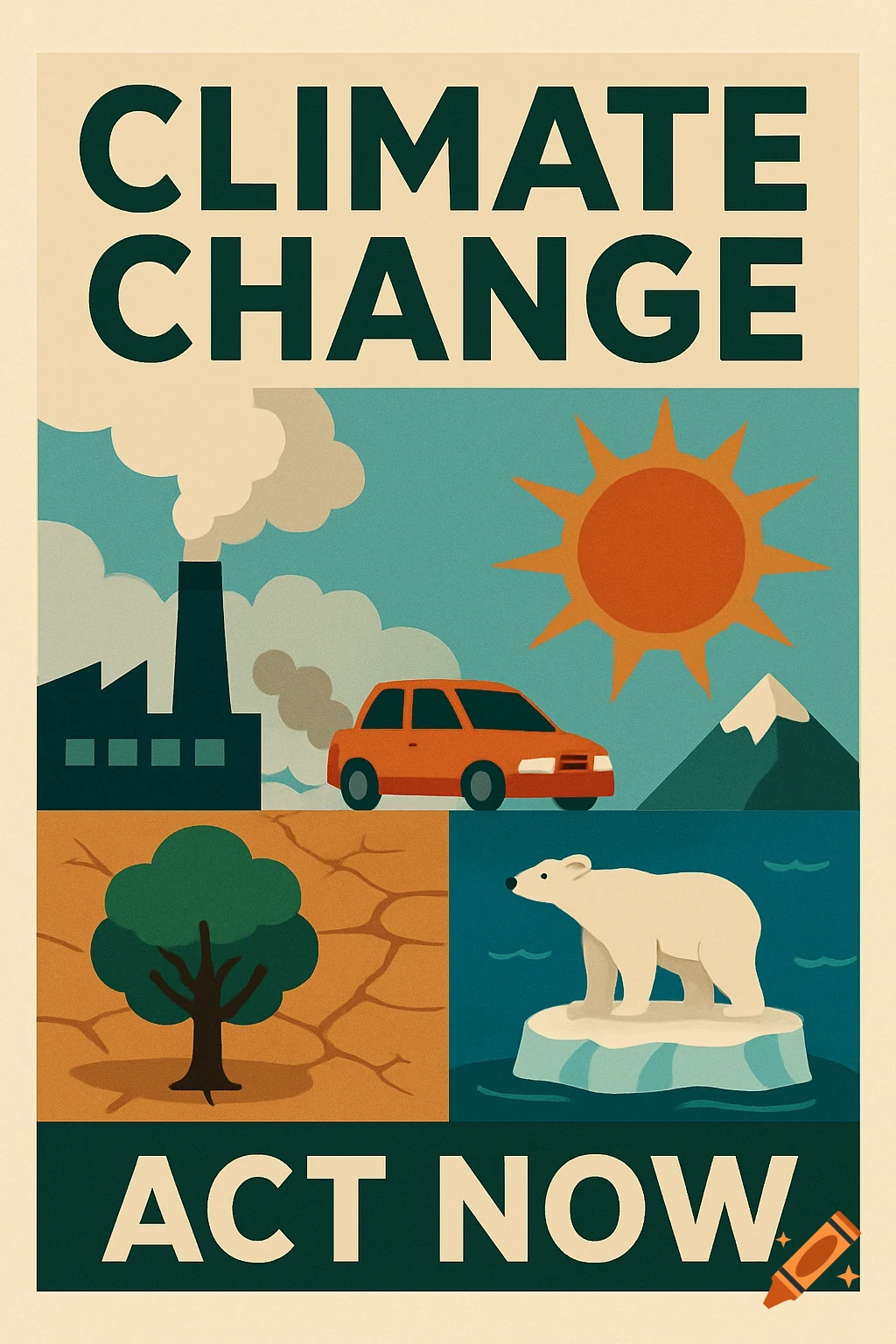 Stylized climate change poster with factory, car, cracked earth, and polar bear on ice. Text reads: CLIMATE CHANGE ACT NOW.
