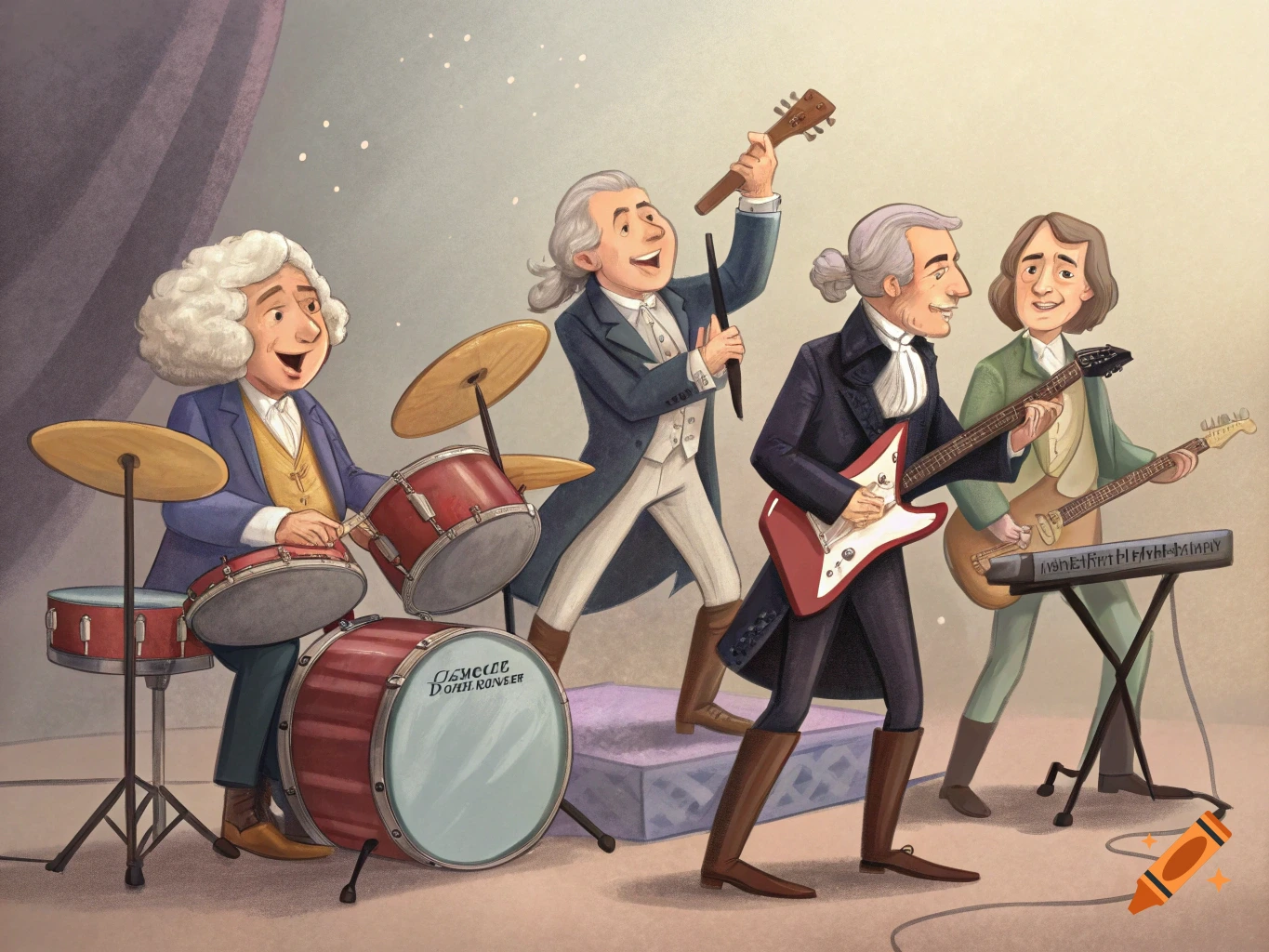 Illustration of historical figures playing musical instruments in a band on stage.