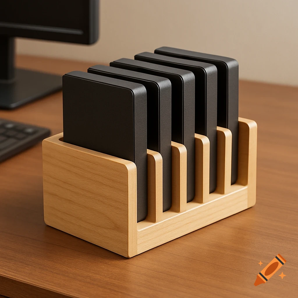 A wooden storage stand holds five black external hard drives on a wooden desk.
