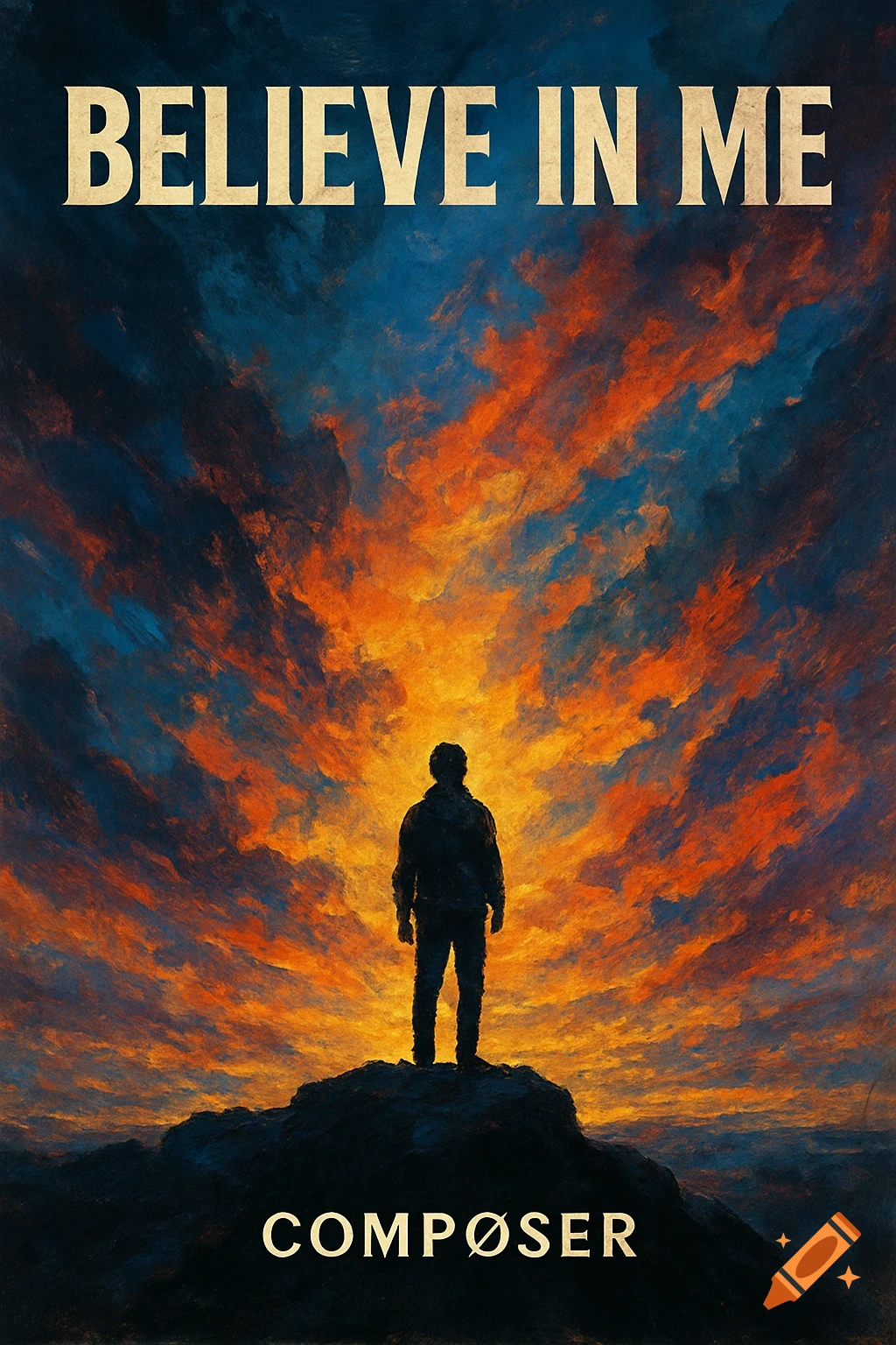 Silhouette of a person standing on a rock against a dramatic fiery sunset sky with text BELIEVE IN ME and COMPØSER.