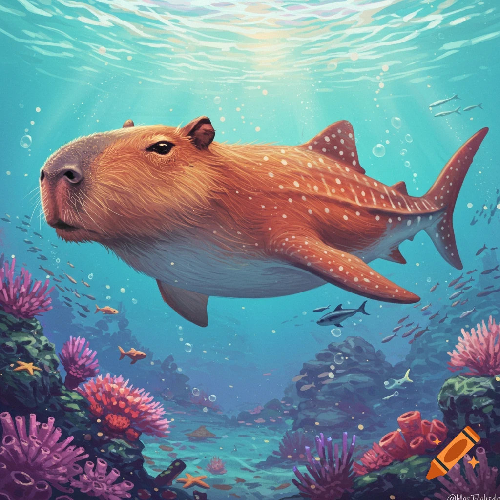 Illustrative blend of a capybara and whale shark swimming underwater with coral