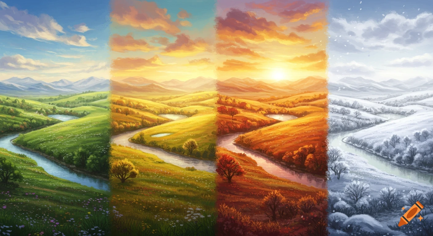 A landscape painting showing four seasons: spring, summer, autumn, and winter, across rolling hills with a river.