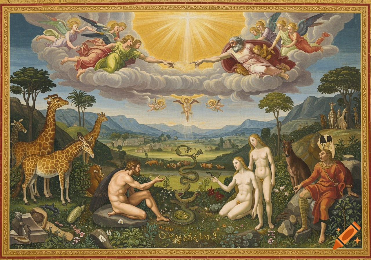 Renaissance painting of Adam and Eve, God, angels, animals, and the serpent in the Garden of Eden.