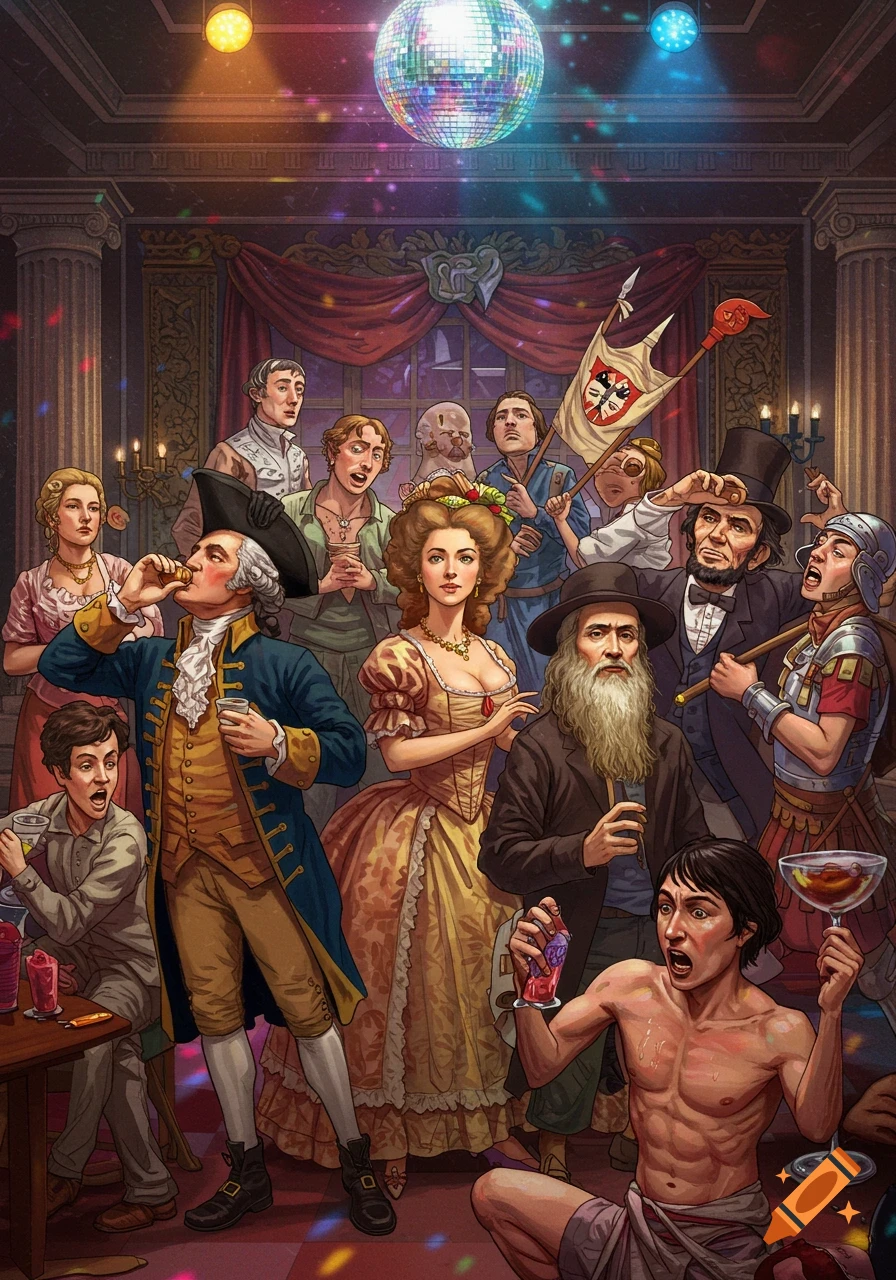 Illustration of historical figures including Washington, Lincoln, and Caesar at a wild party with disco lights and drinks.