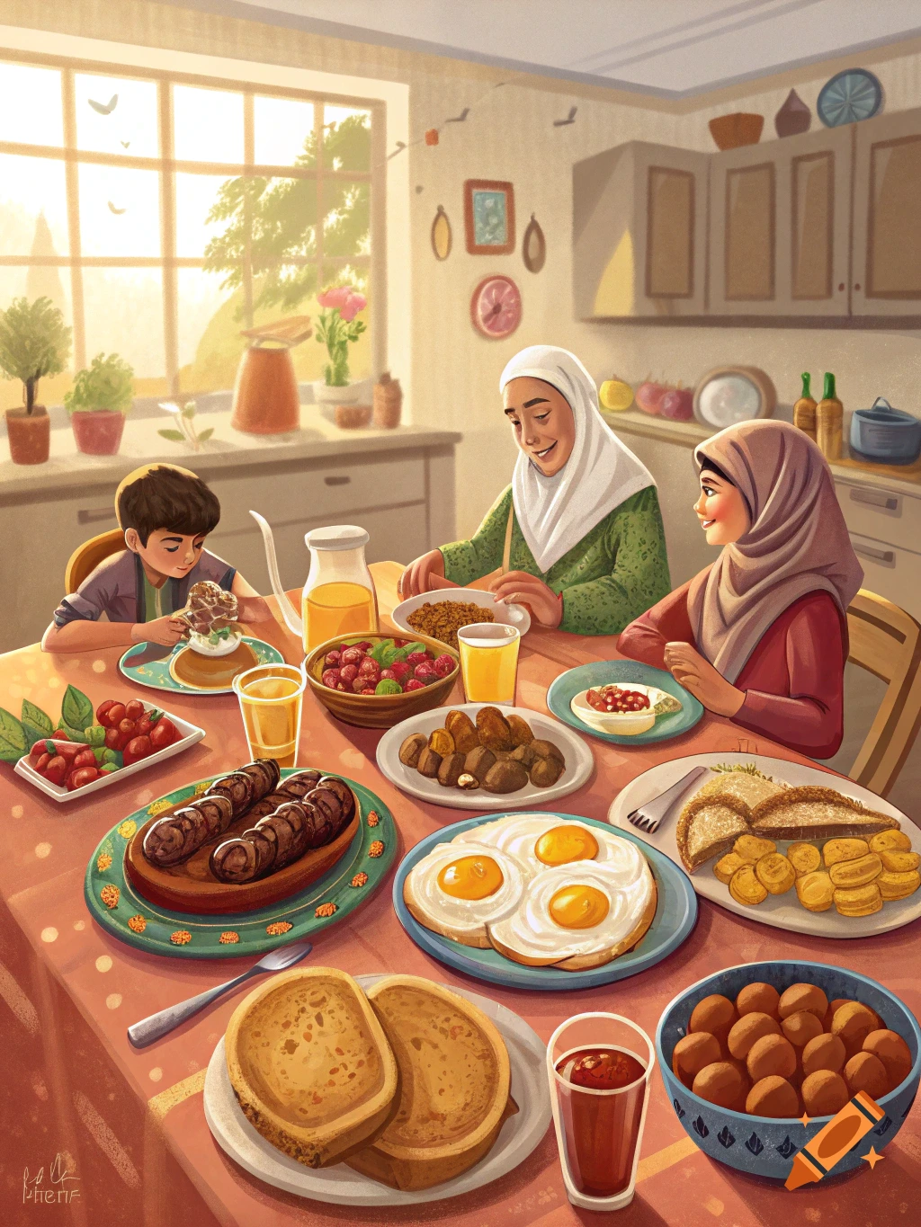 Family eating a meal in a kitchen, digital illustration style.