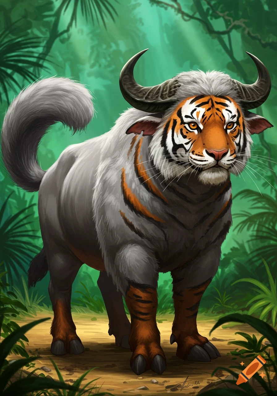 A fantasy hybrid creature with a tiger head, buffalo horns, chinchilla-like fur, and striped legs stands in a jungle.