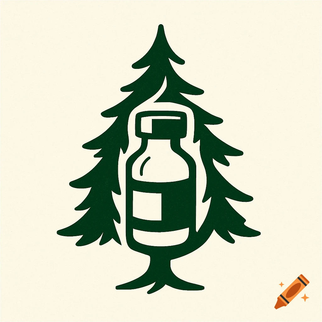 A green logo illustration of a pharmaceutical vial inside a pine tree.
