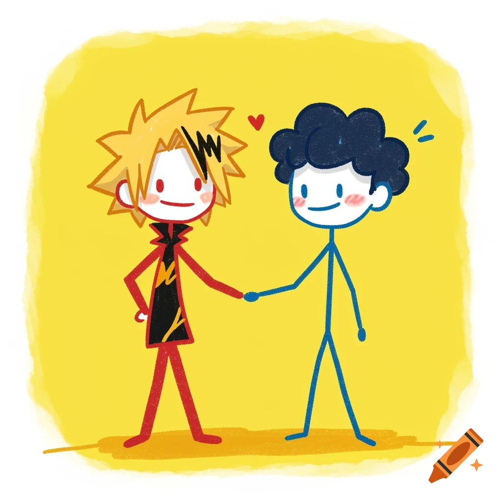 Childlike stick figure drawing of two characters, one yellow-haired in red/black, one blue-haired in blue, holding hands.