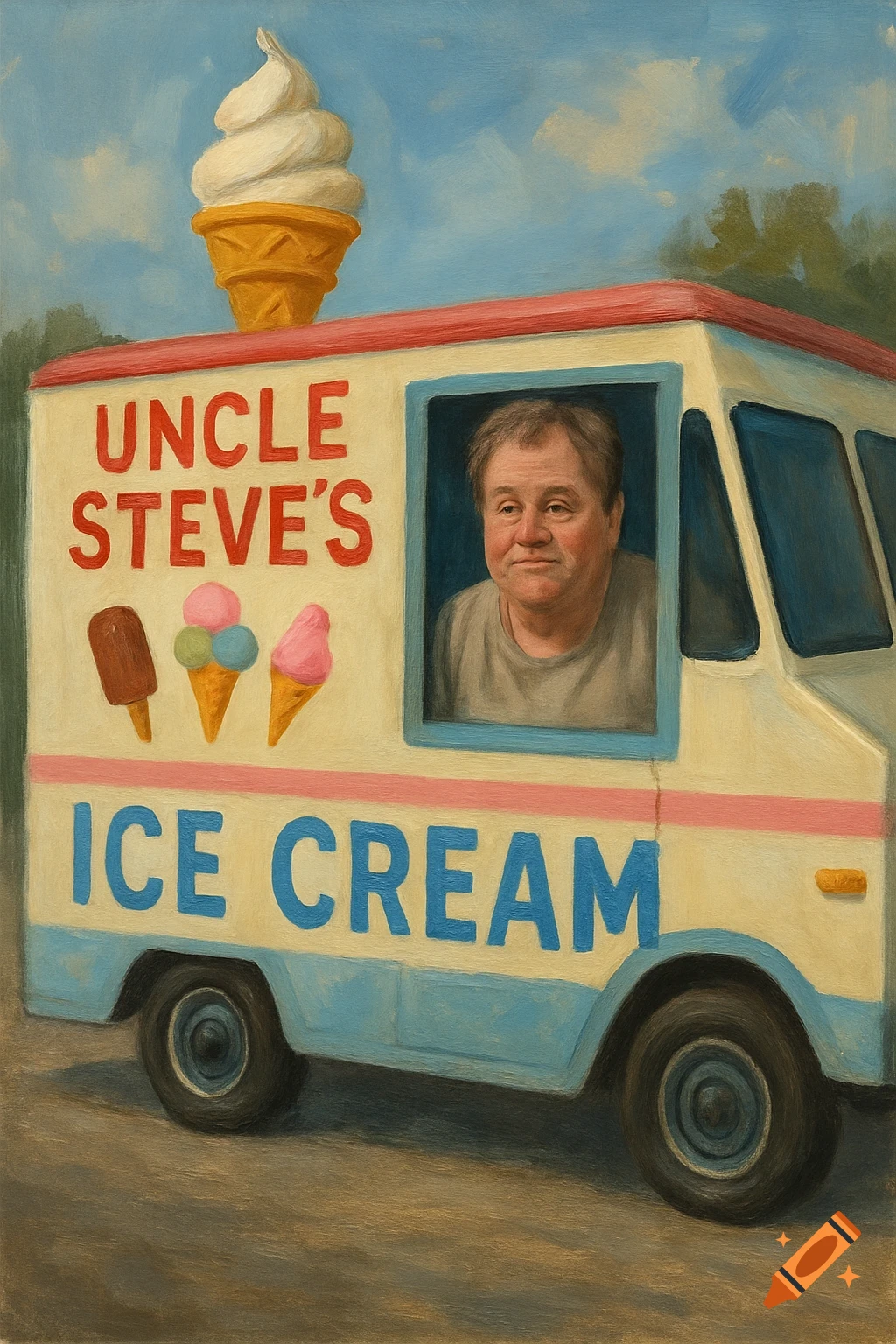 Oil painting of a man driving an Uncle Steve's Ice Cream truck.