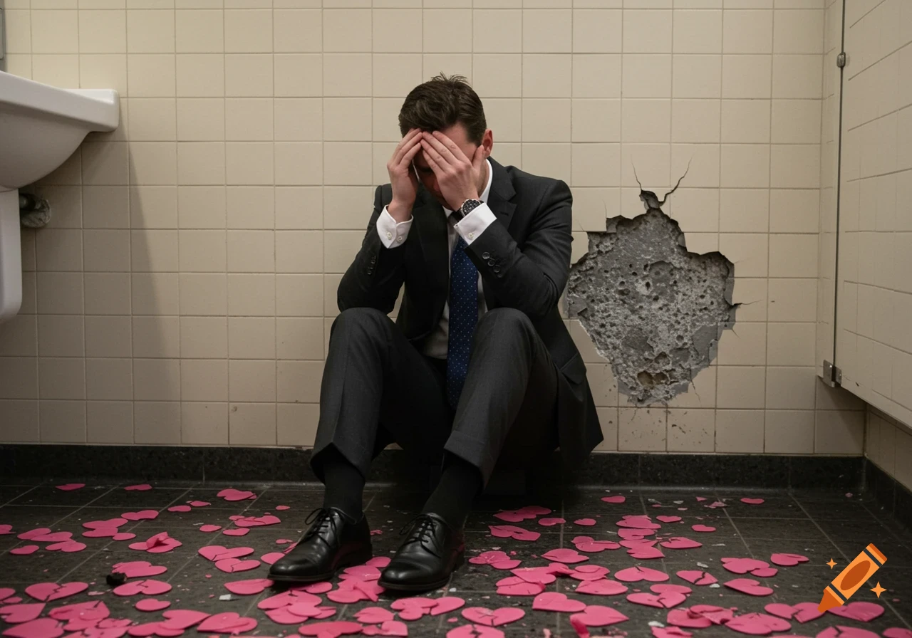 Man in suit sitting on bathroom floor, covering face, with broken hearts and hole in wall.
