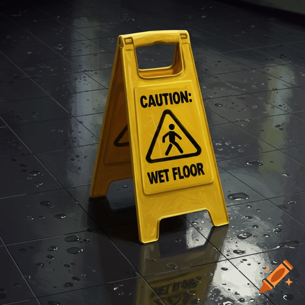 A yellow wet floor sign on a dark tiled floor with water droplets.