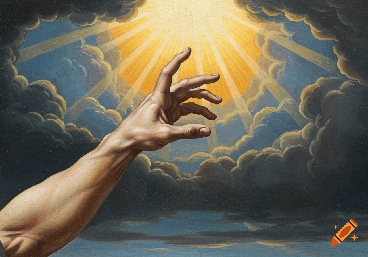 Renaissance painting of a hand reaching towards a bright, cloudy sky.