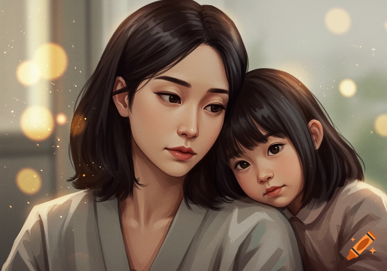 Portrait of a mother and child with heads together, in warm light.