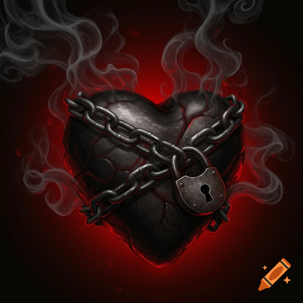 Dark heart wrapped in chains and a padlock, with smoke, on a red background.