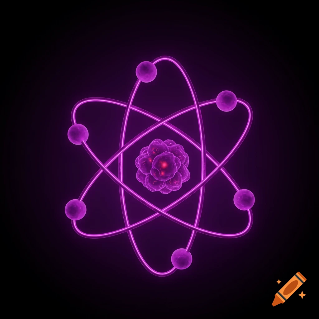 A purple glowing model of an atom with electrons orbiting a nucleus on a black background.