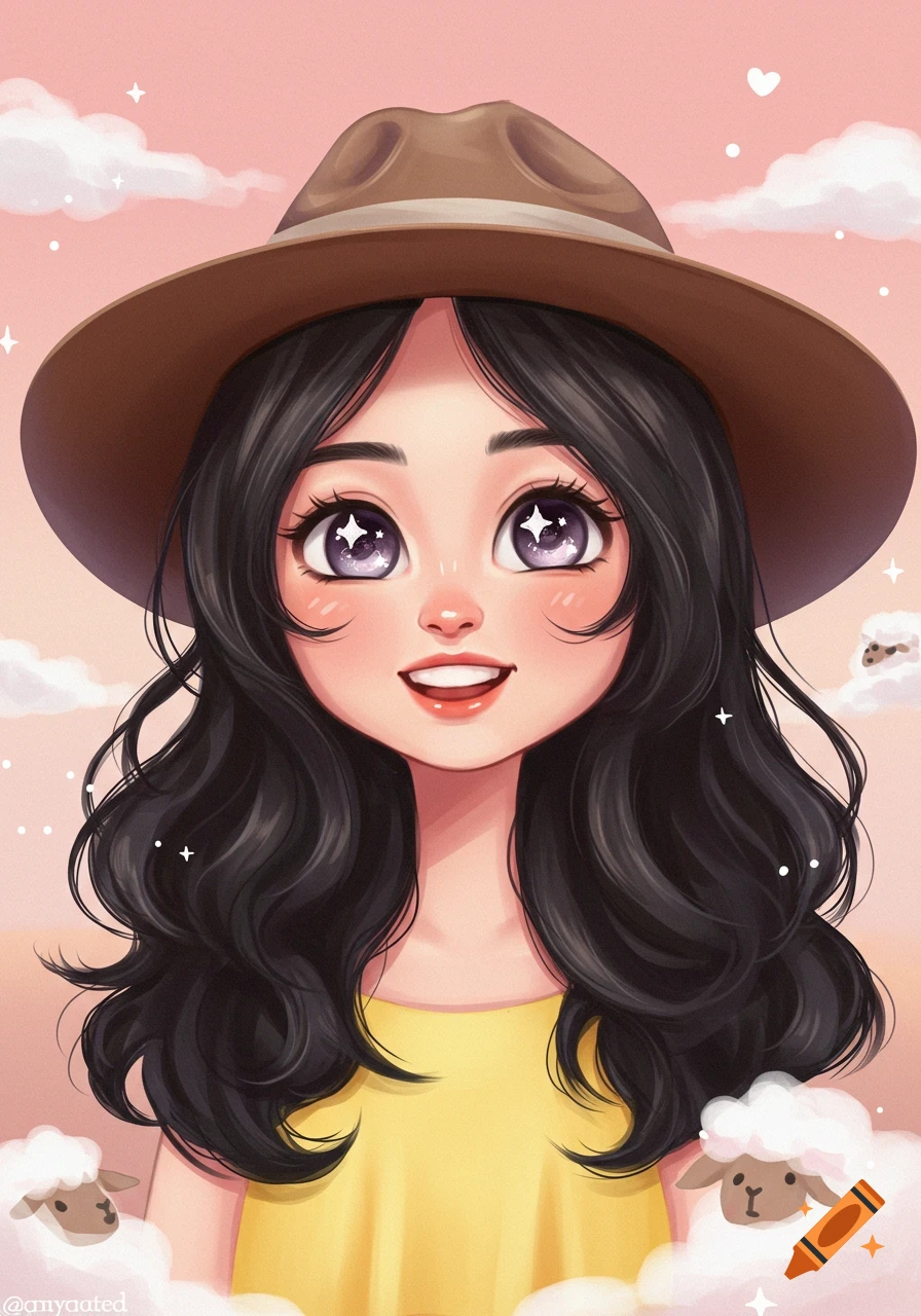 Digital illustration of a cute woman in a fedora, smiling, with sparkly eyes, pink sky, and sheep.