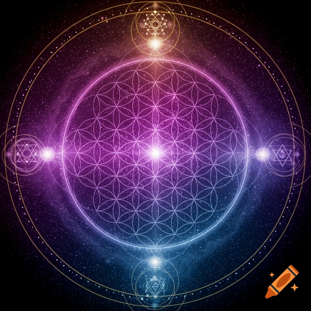 Sacred geometry and Flower of Life symbols surrounded by a cosmic starry background.