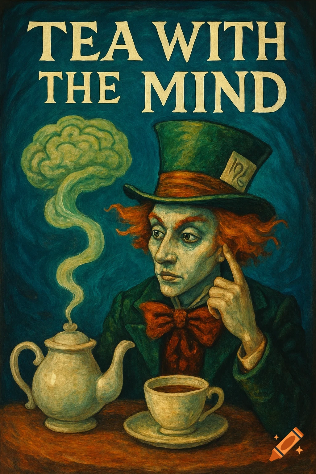 Painterly illustration of a character like the Mad Hatter sitting at a table with tea and brain-shaped steam. Text says 'TEA WITH THE MIND'.