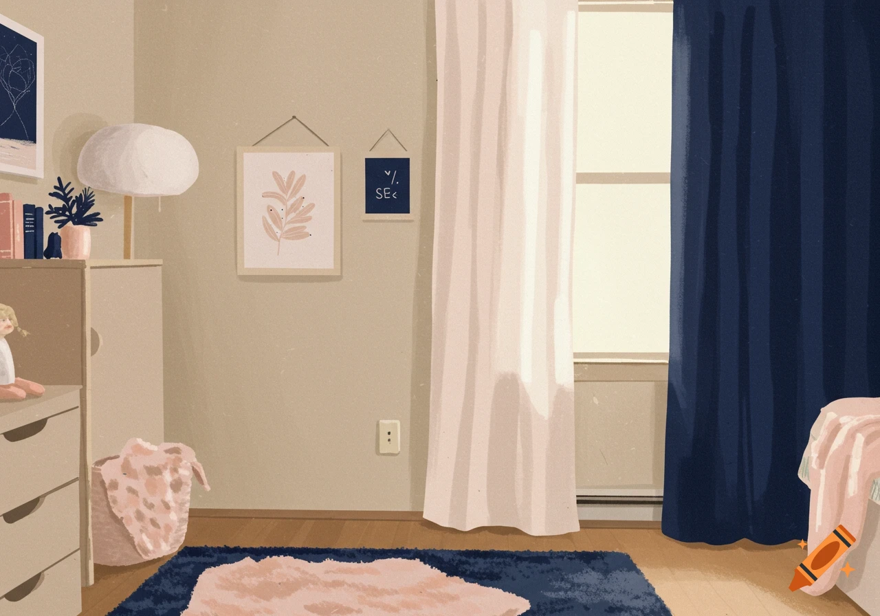 Illustration of a dorm room interior with beige walls, furniture, rugs, and wall art. Pink and navy blue accents.