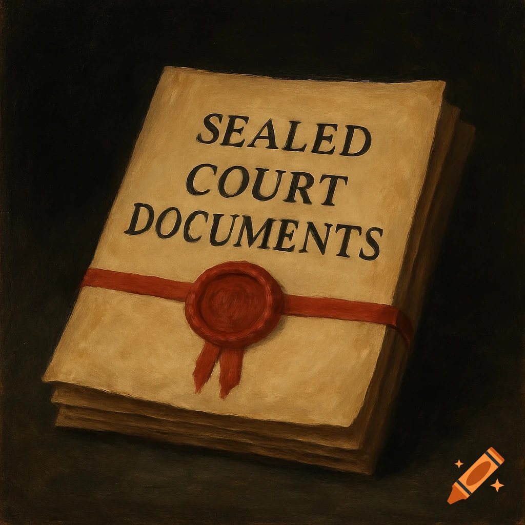 A stack of sealed court documents tied with a red ribbon and wax seal on a dark background.