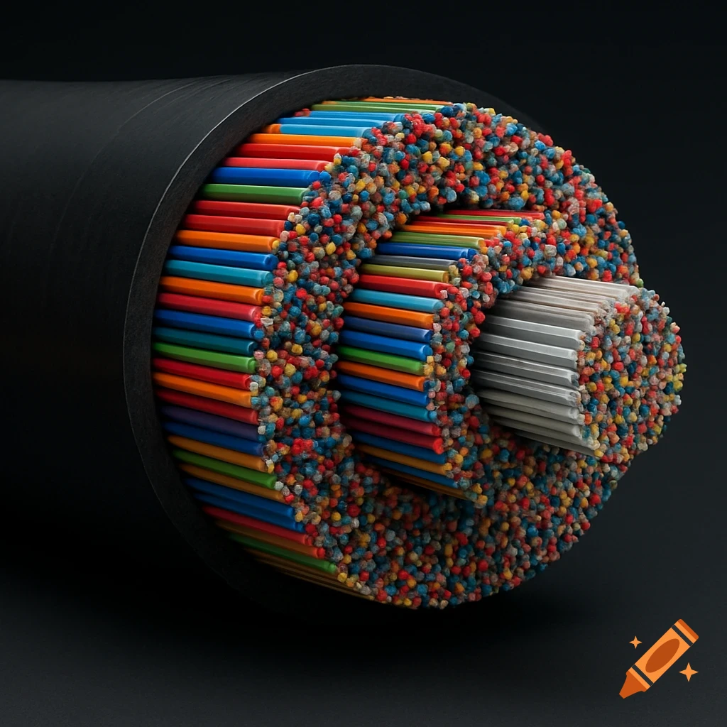 Close-up view of the inside of a fiber optic cable showing colorful fibers.