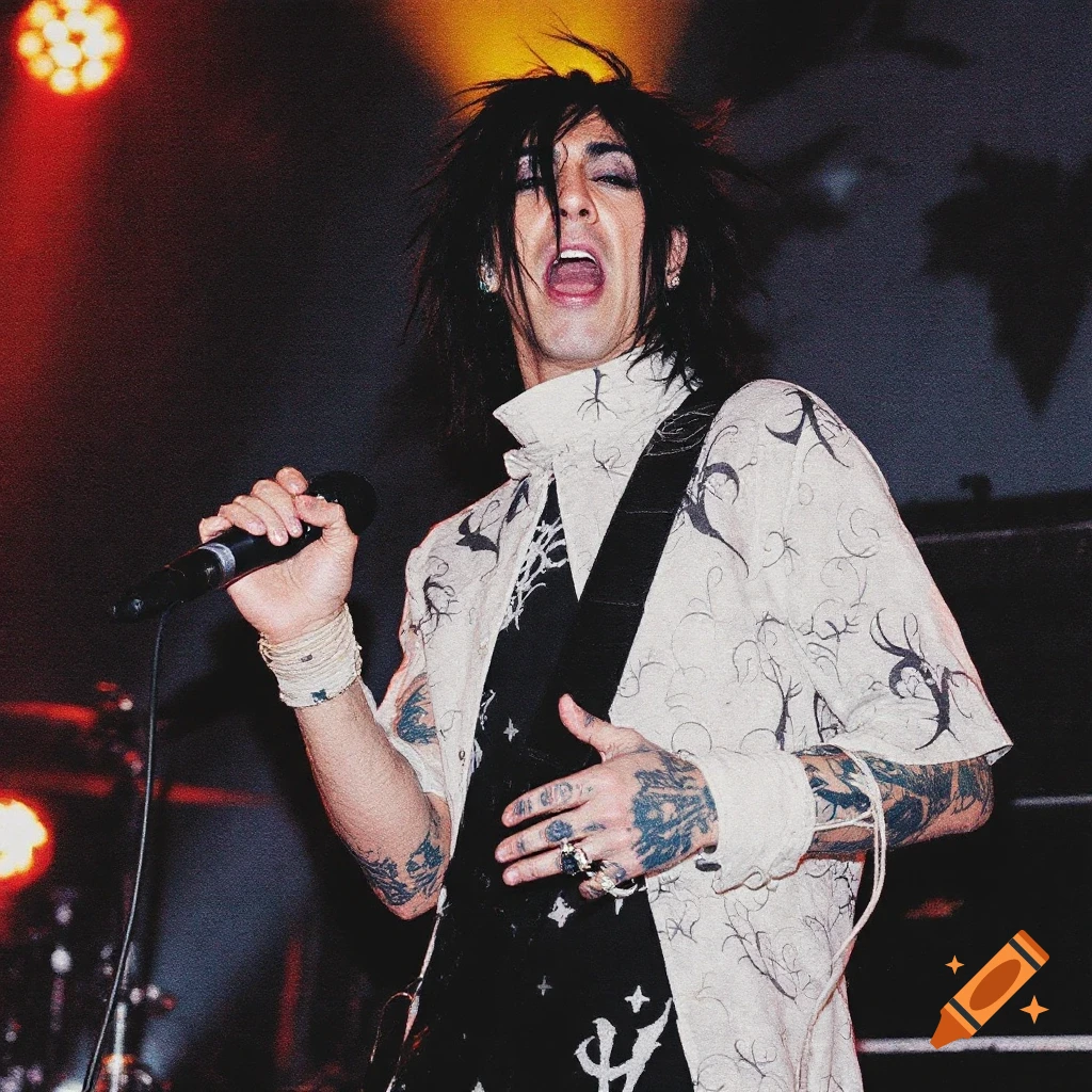 A man with dark messy hair and a patterned shirt sings into a microphone on a stage.