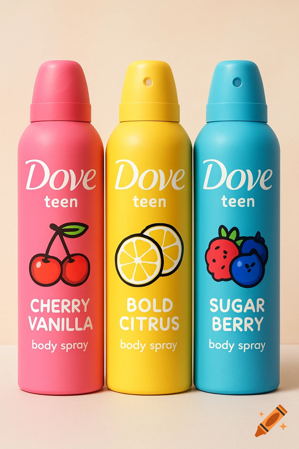 Three colorful Dove teen body spray bottles with fruit graphics