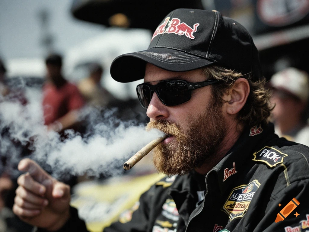 Man with beard, sunglasses, racing cap and jacket smoking a cigar.