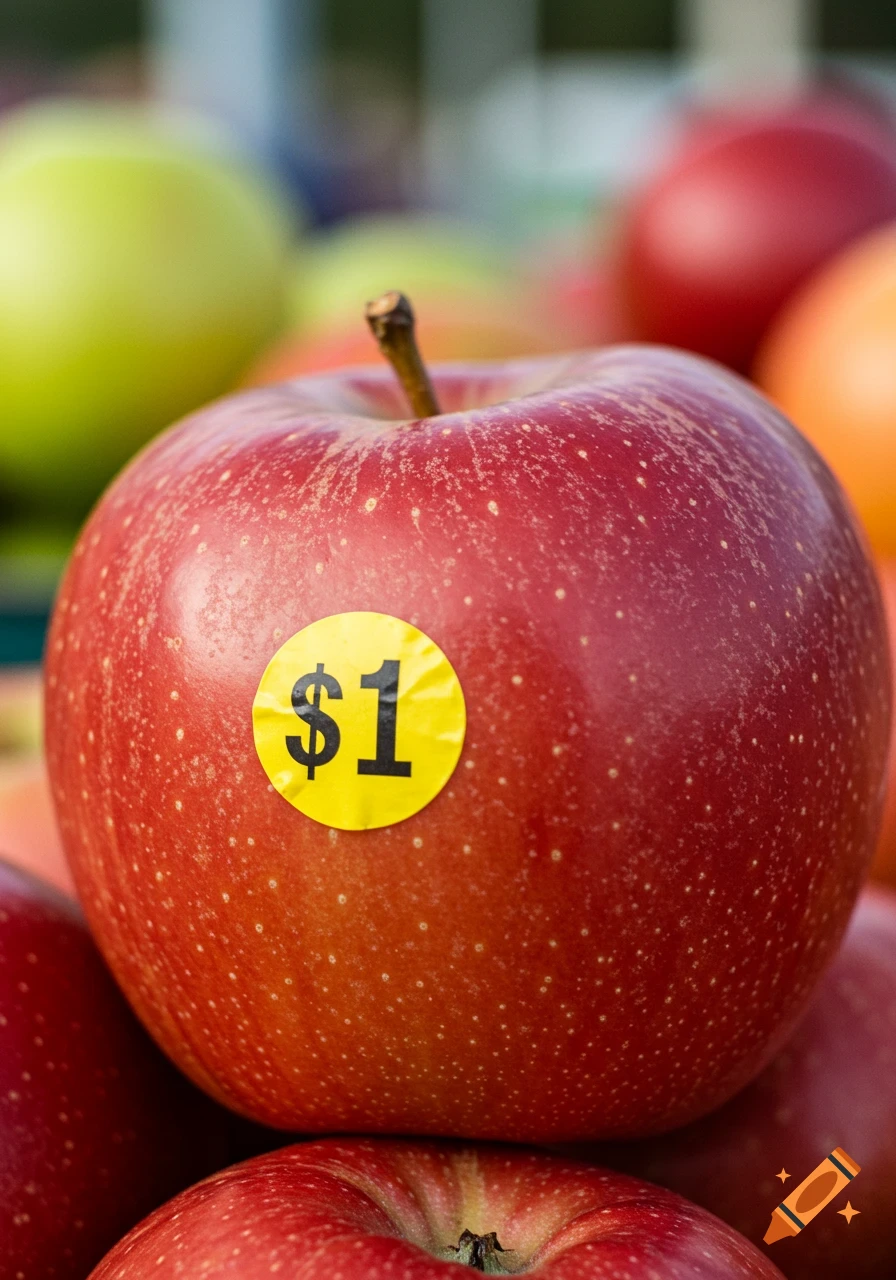 A close-up photo of a red apple with a yellow sticker showing "$1".