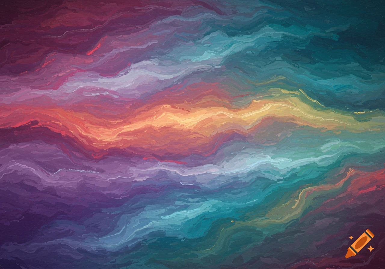 Abstract painting with flowing, wavy brushstrokes in shades of purple, red, orange, yellow, teal, and blue.