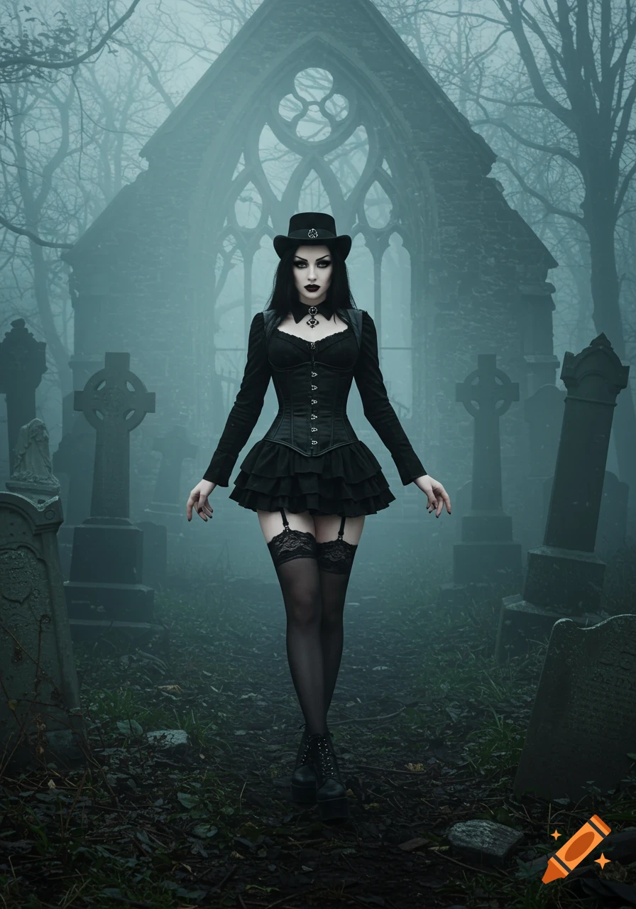 A goth woman in a black outfit stands in a misty graveyard with tombstones and a ruined church.